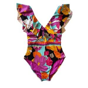 Trina Turk Gemini Ruffle Floral Ruffle V-Neck One Piece Swimsuit Women's Size 6